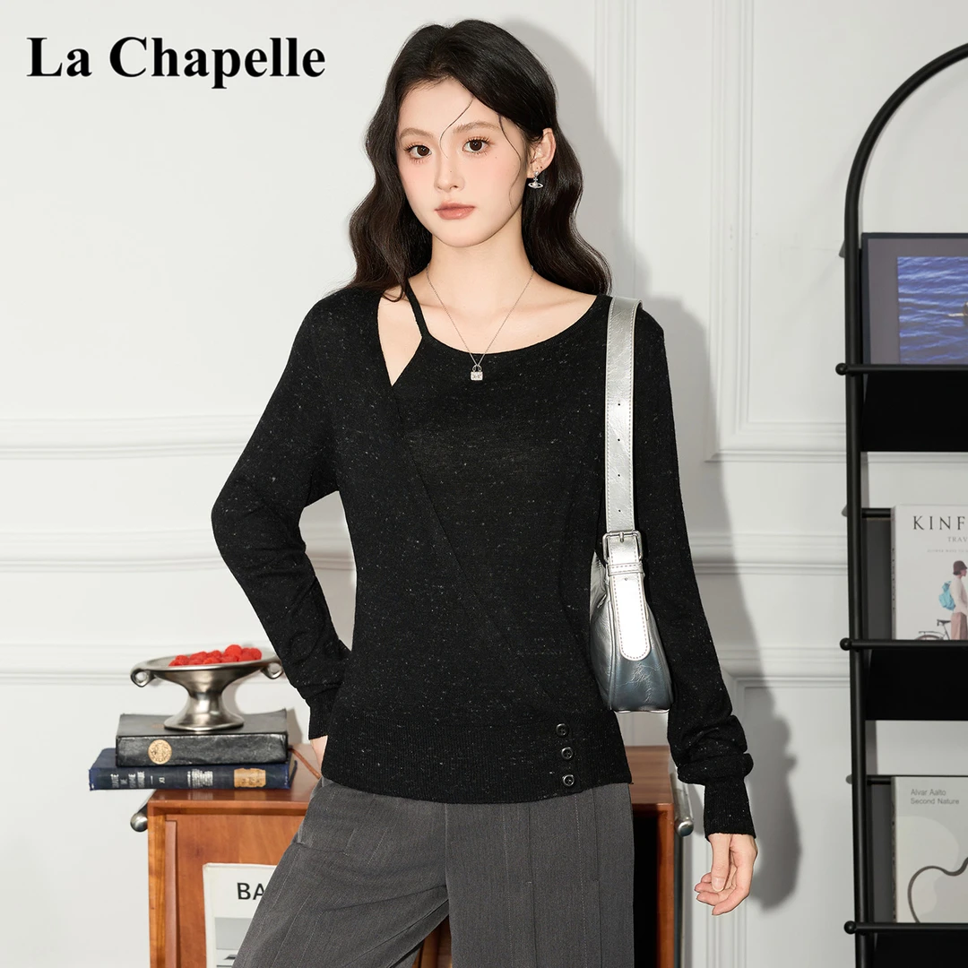 拉夏贝尔秋冬新款不规则黑色长袖针织衫女设计感小众别致打底毛衣