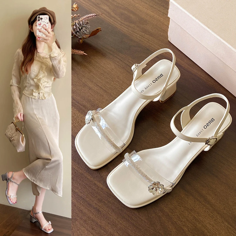 软底水钻凉鞋女2025夏新款配裙子粗跟百搭一字带仙女风高跟凉鞋女