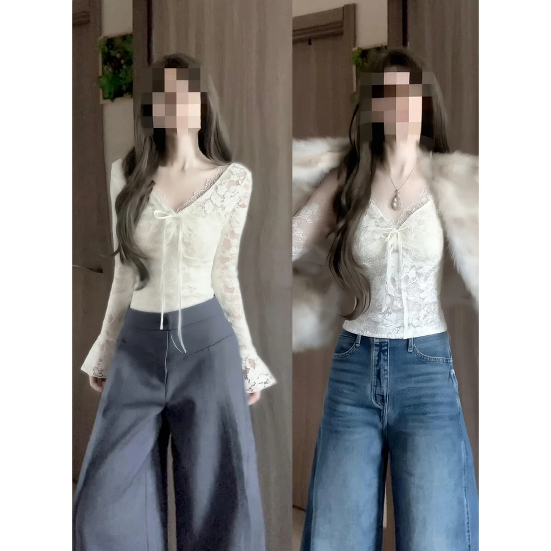 初冬白色v领皮草内搭蕾丝花边打底衫2025新款秋冬季修身加绒上衣