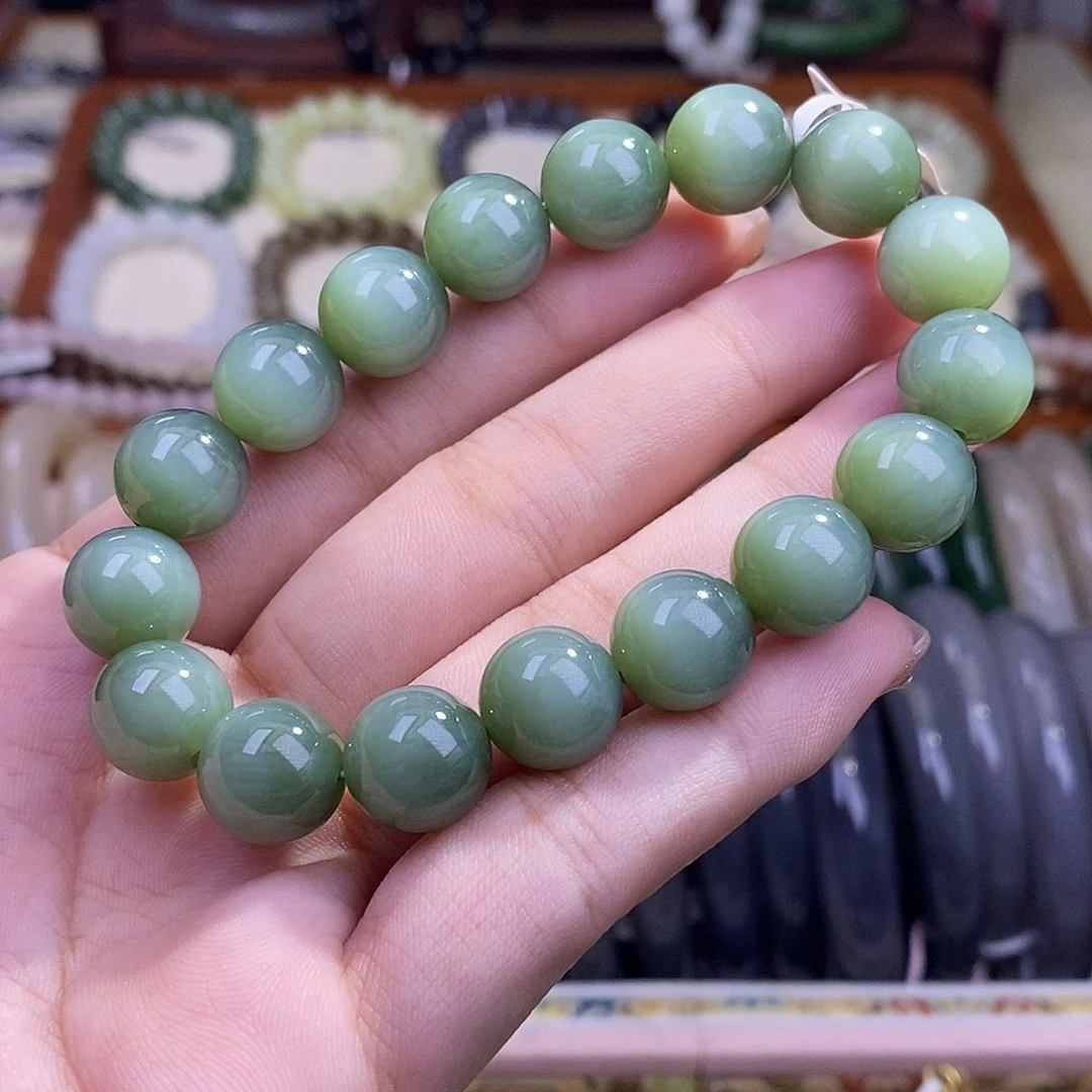 颈饰未镶嵌和田玉碧玉猫眼老矿料粉青手串12mm