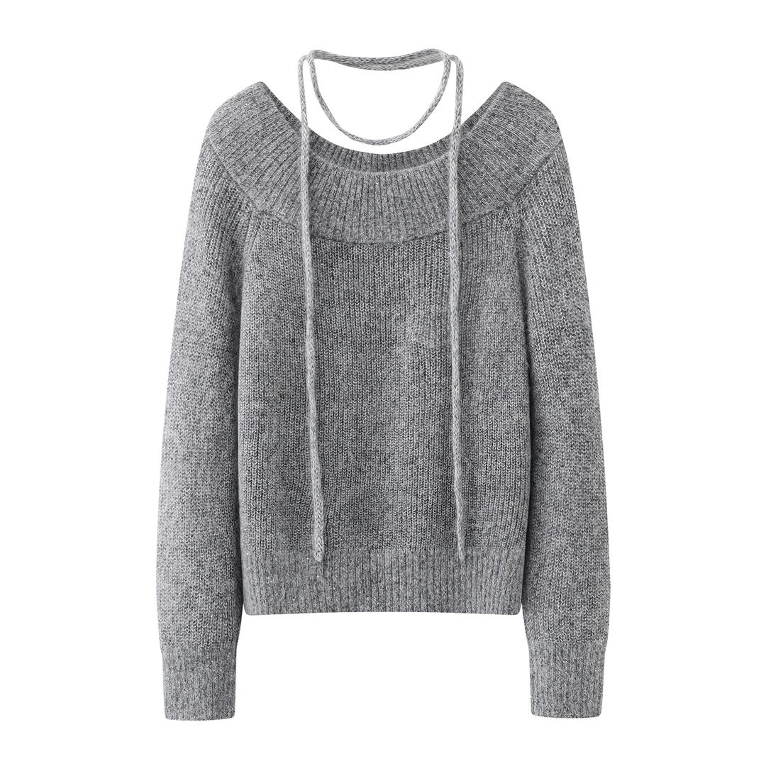 2026春季新款灰色一字领针织衫系带设计感休闲套头毛衣