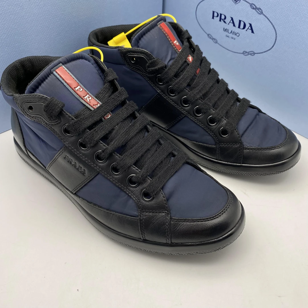 95新 Prada/普拉达 /39.5欧码 深蓝色高帮牛津布休闲板鞋