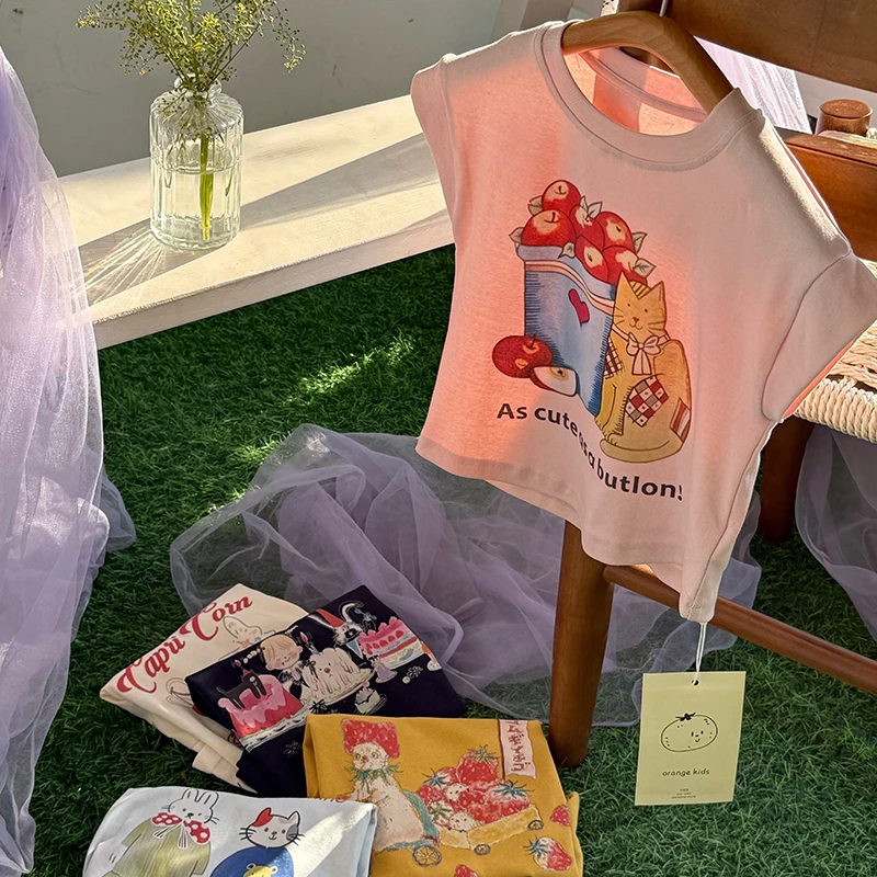 【橘子家】女童懒猫系列飞袖T恤2025夏季新款卡通打底衫HS62422