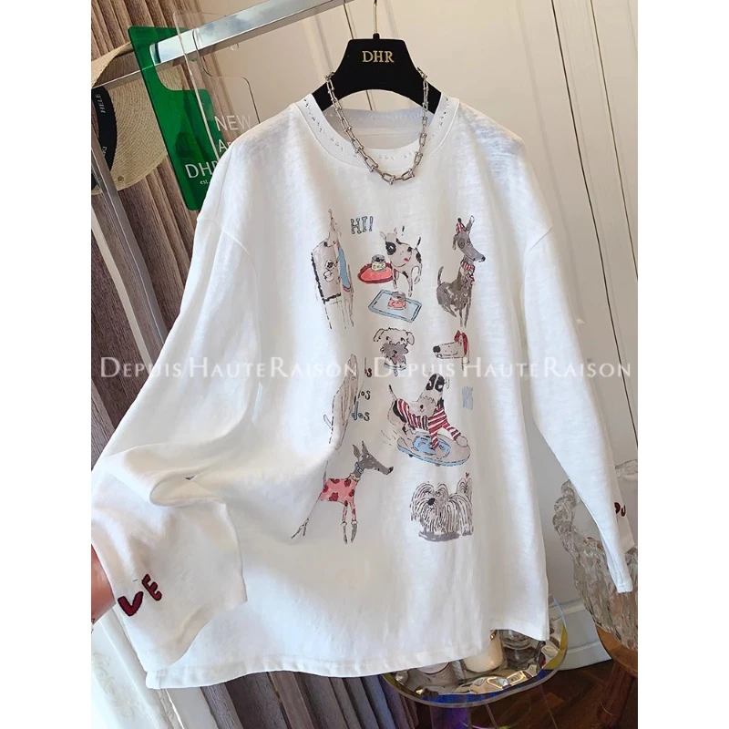 胖妹妹240斤独特超好看慵懒风减龄小狗长袖T恤防晒衫新款宽松上衣