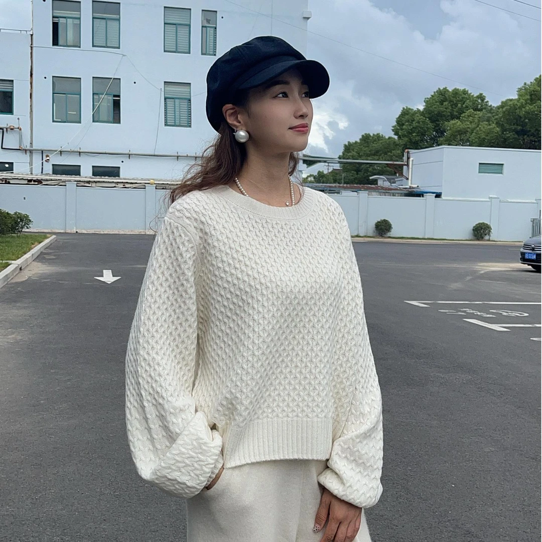 094纯山羊绒针织羊绒衫韩版慵懒风落肩袖圆领宽松