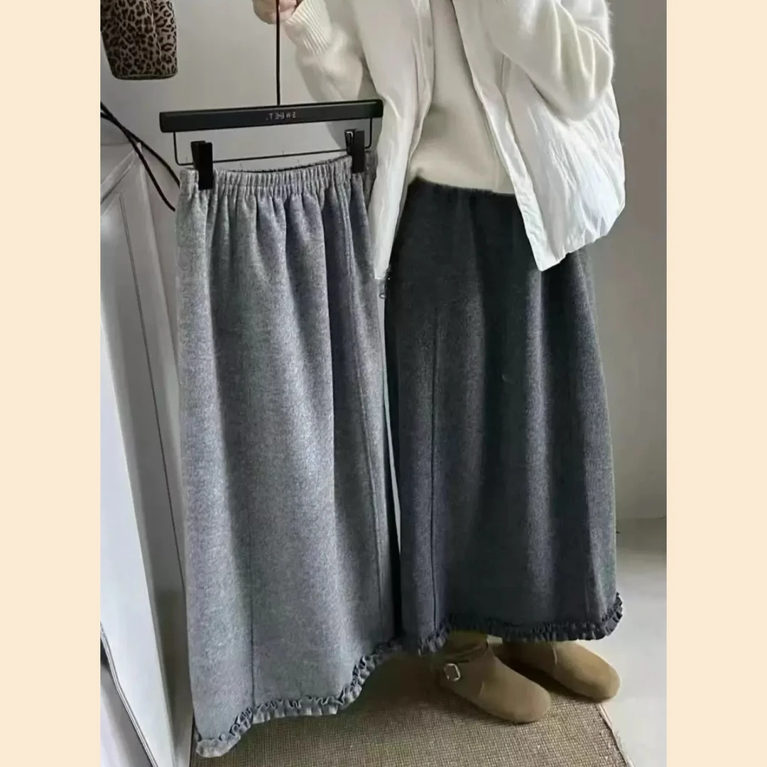 秋冬加绒木耳边毛呢半身裙