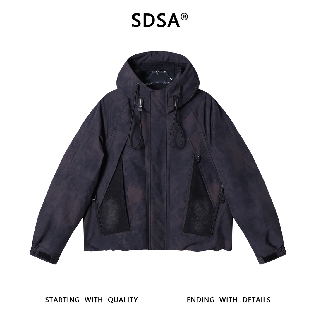 SDSA男士秋冬新款痞帅男装潮牌扎染拼接拉链立领连帽羽绒服外套