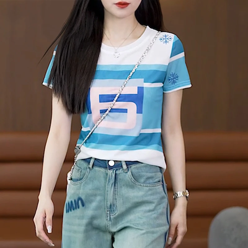 时尚印花网纱t恤女2024夏季新款圆领洋气短袖修身显瘦百搭上衣潮