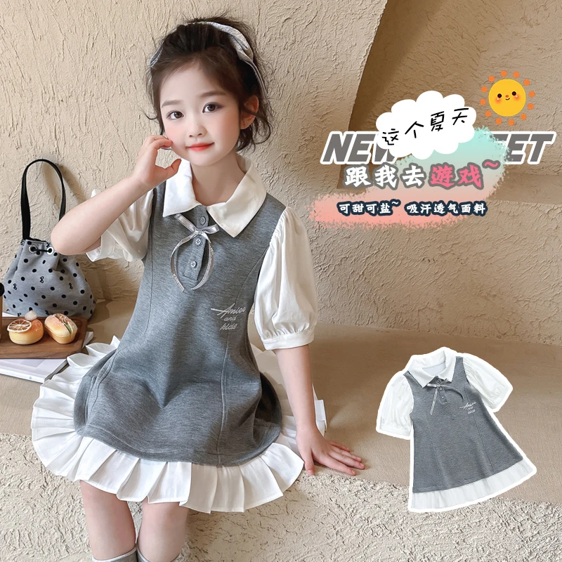 女童甜美可爱公主裙2025新款洋气时尚假两件学院风短袖Polo连衣裙