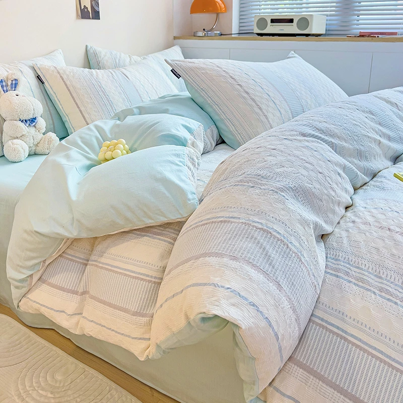 60支高级轻奢高级ins全棉四件套纯棉华夫格色织提花A类简约100%棉