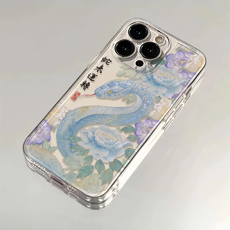 蓝色牡丹小蛇适用iPhone16小米15华为苹果14promax手机壳软12太空