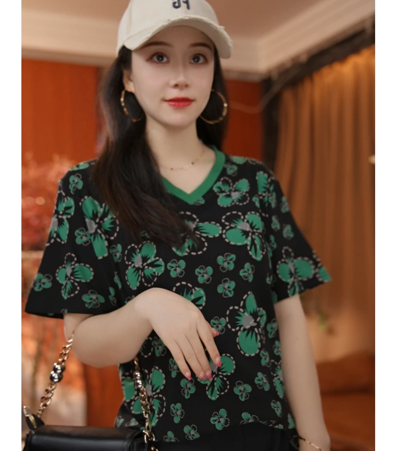 新款绿花宽松短袖T恤【1326】