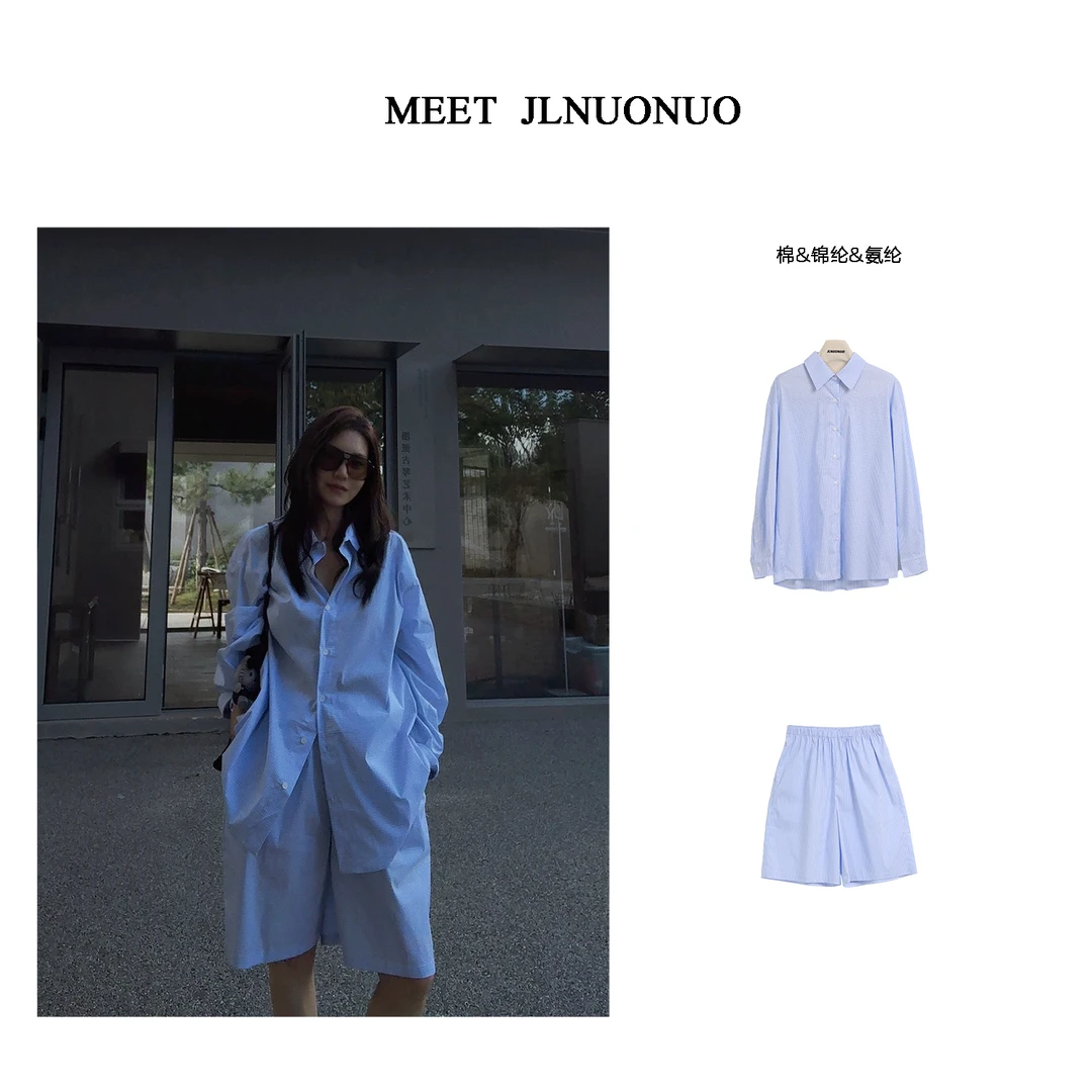 JLNUONUO   梦想心语男友风蓝条阔版套装中裤衬衣