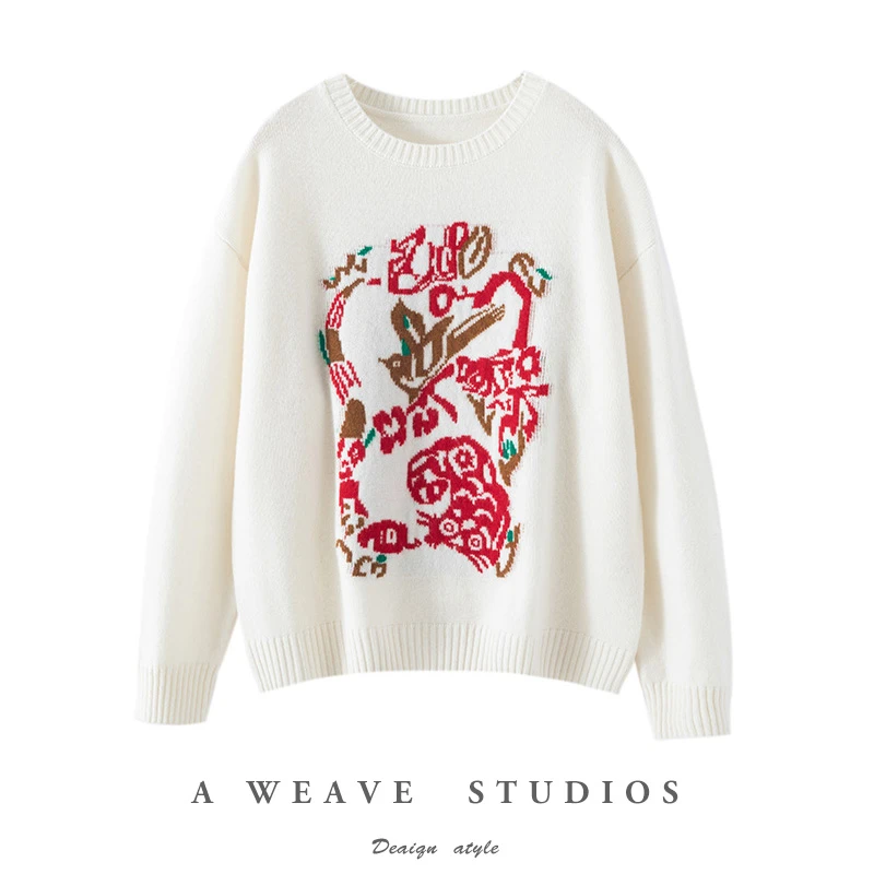 秋冬100%纯羊毛衫女圆领五福临门提花毛衣宽松加厚打底针织衫BMJ