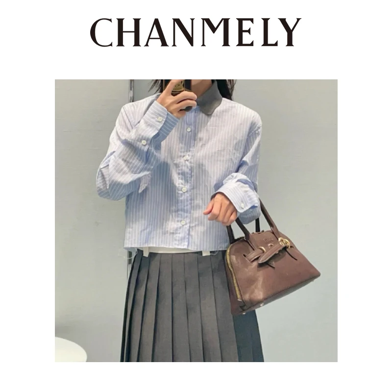 【CHANMITY】25/SS字母刺绣蓝白条纹百搭叠穿翻领减龄衬衫0241684