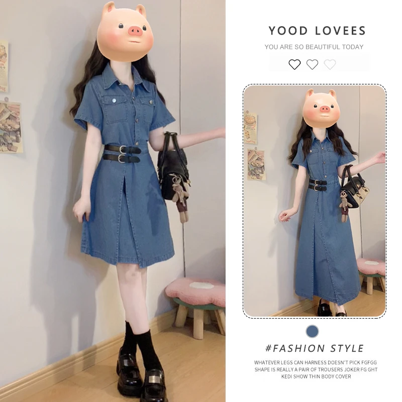 港风复古设计感翻领高级感收腰气质牛仔连衣裙女小个子短袖a字裙