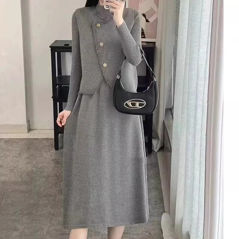 高级感流苏小香风马甲打底长裙两件套女秋冬大码气质显瘦套装裙子