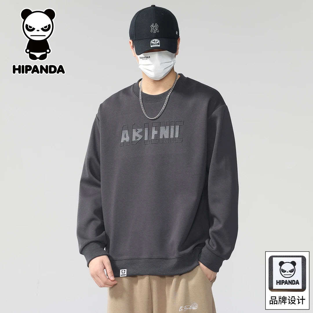 Hi Panda你好熊猫秋季新款美式圆领卫衣男士宽松百搭印花休闲上衣