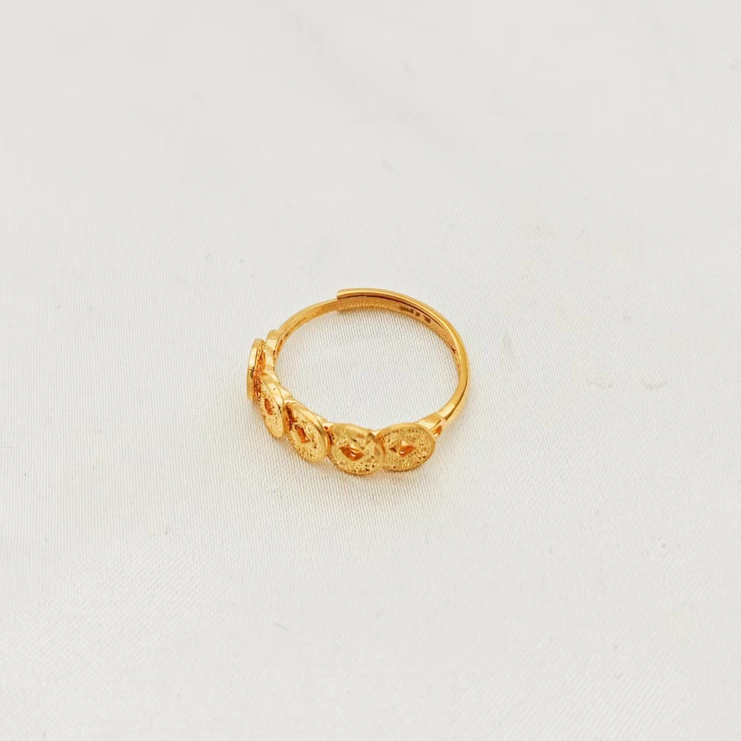 3092美开乐五帝钱戒指5G足金999纯黄金首饰可调节爆闪送女友礼物