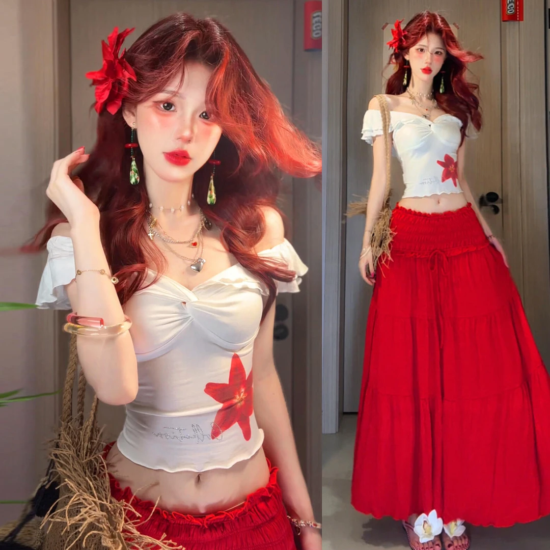 度假风穿搭红色连衣裙女夏2025新款小个子巨好看半身长裙绝美套装