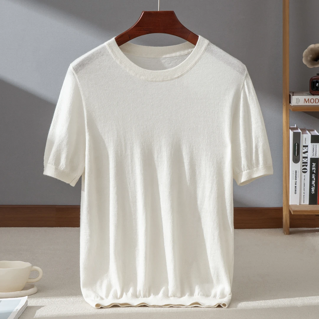【秋冬新款】190克68支精纺纯山羊绒短袖男士圆领流光风百搭针织T恤