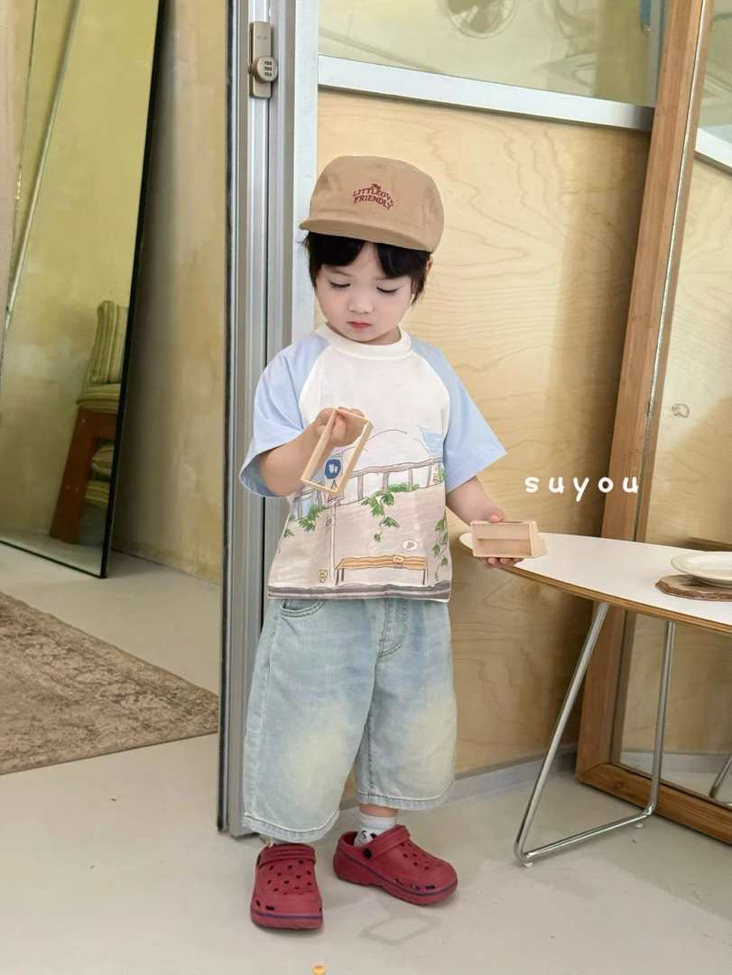 苏右家短袖T恤可爱男童夏款花衬衣帅气韩版牛仔裤短裤五分裤