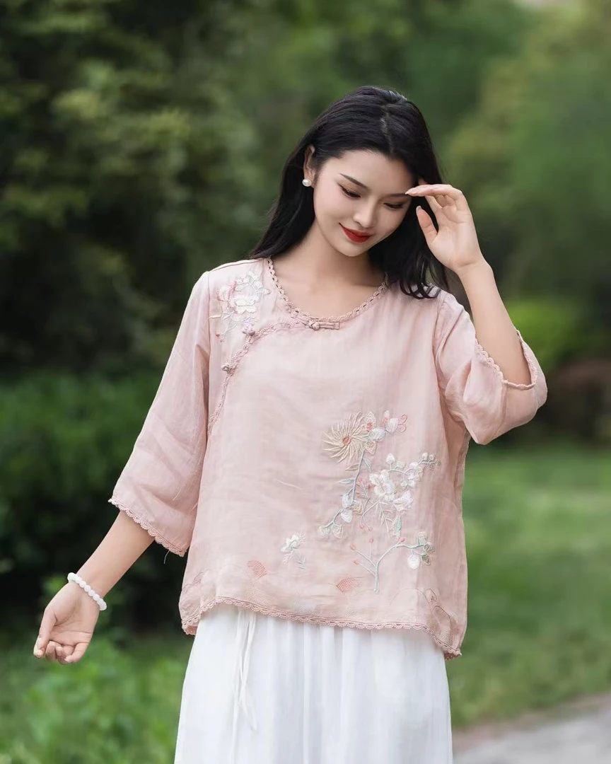 8607短款夏季宽松中式文艺中袖圆领提花长袖