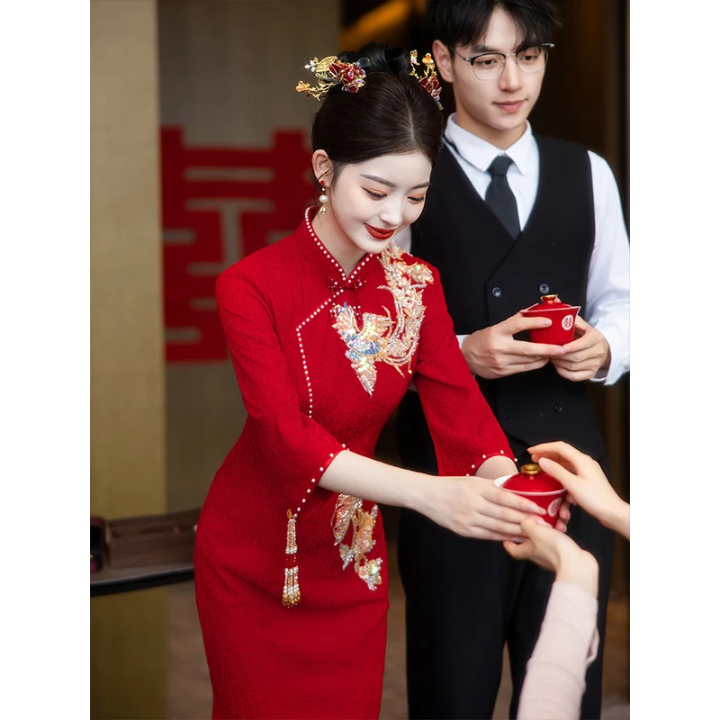 礼服鱼尾新娘敬酒服红色旗袍小个子订婚2024高级感结婚新中式新款