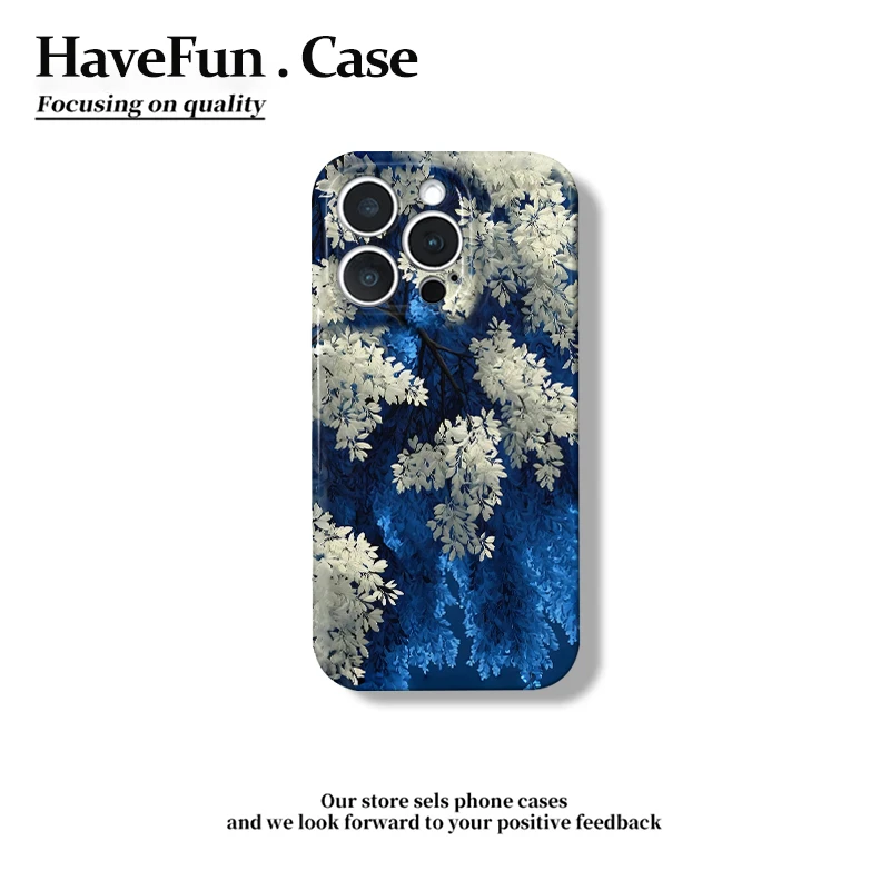 蓝白拼色花朵适用iPhone16/15菲林手机壳14苹果华为vivo小米oppo