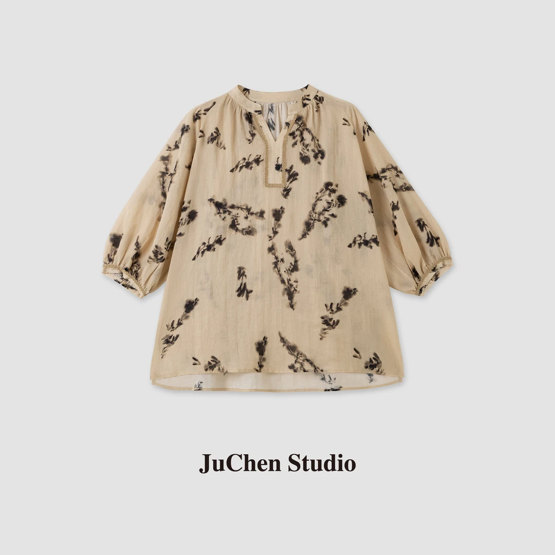 “苎麻花影”民族风树晕染文艺织带宽松灯笼袖衬衫 SS034102