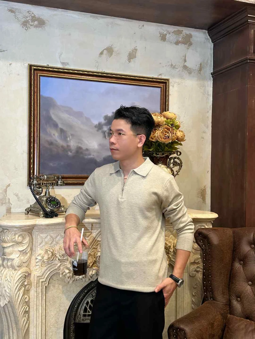老钱风翻领染色长袖针织卫衣半拉链休闲纯色polo