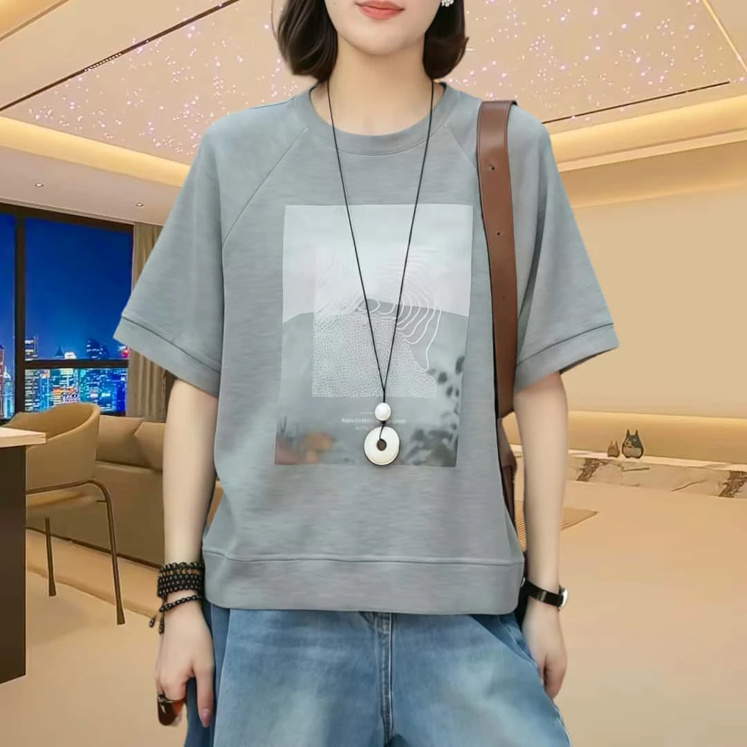 时尚印花设计宽松显瘦圆领短袖T恤2025夏季新款百搭休闲气质上衣