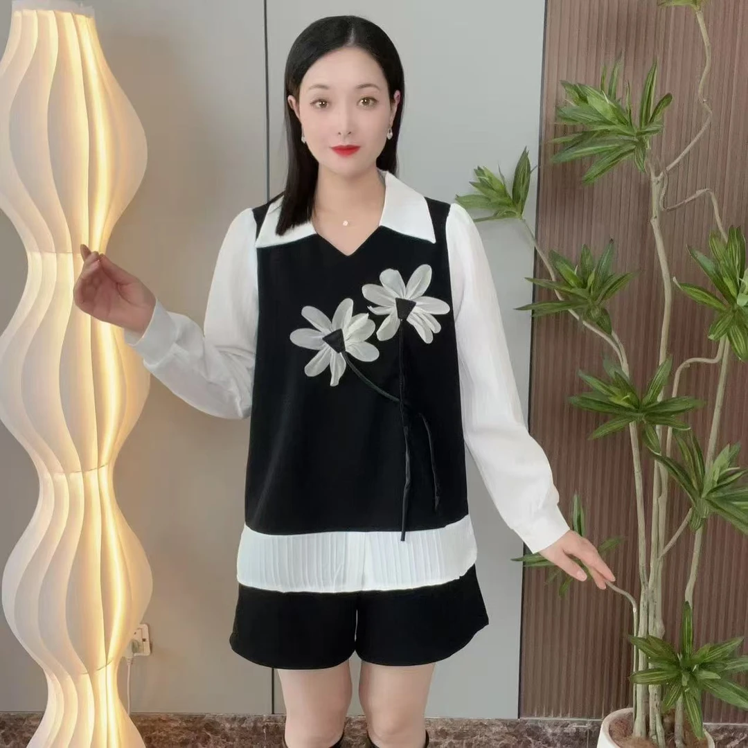 春款新款优雅小花大码女装假两件拼接上衣日常穿搭洋气时尚百搭