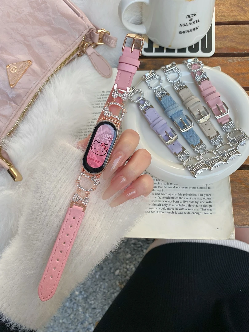 适用iwatch苹果手表11kitty蝴蝶结皮质表带小米10华为vivogt2表带