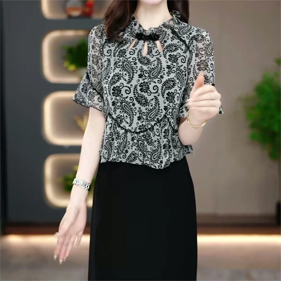 冰丽丝2025夏季新款碎花显瘦裙子时尚洋气百搭遮肚假两件连衣裙