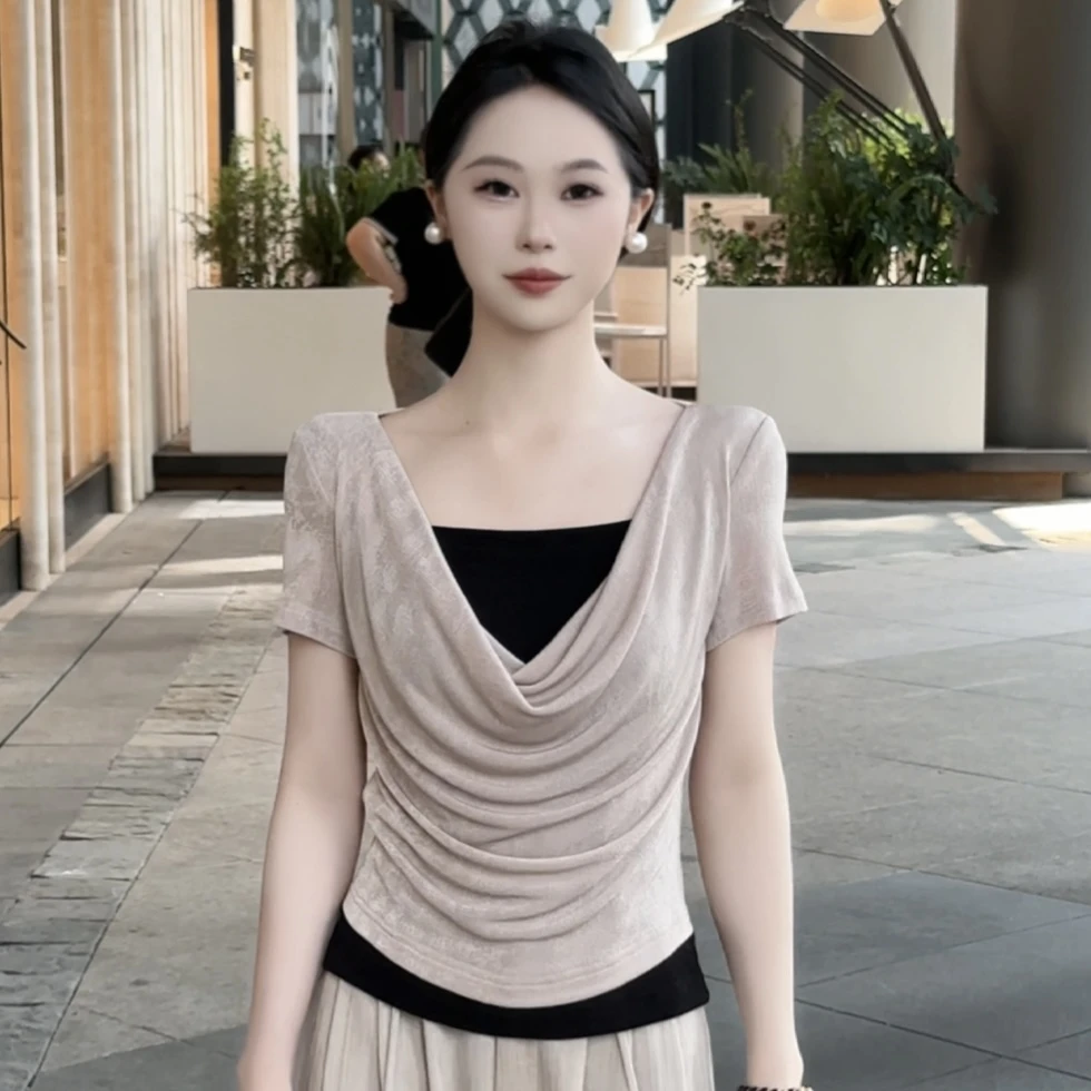 美式复古荡袖短袖女夏季新款撞色假两件套设计感小众上衣8282