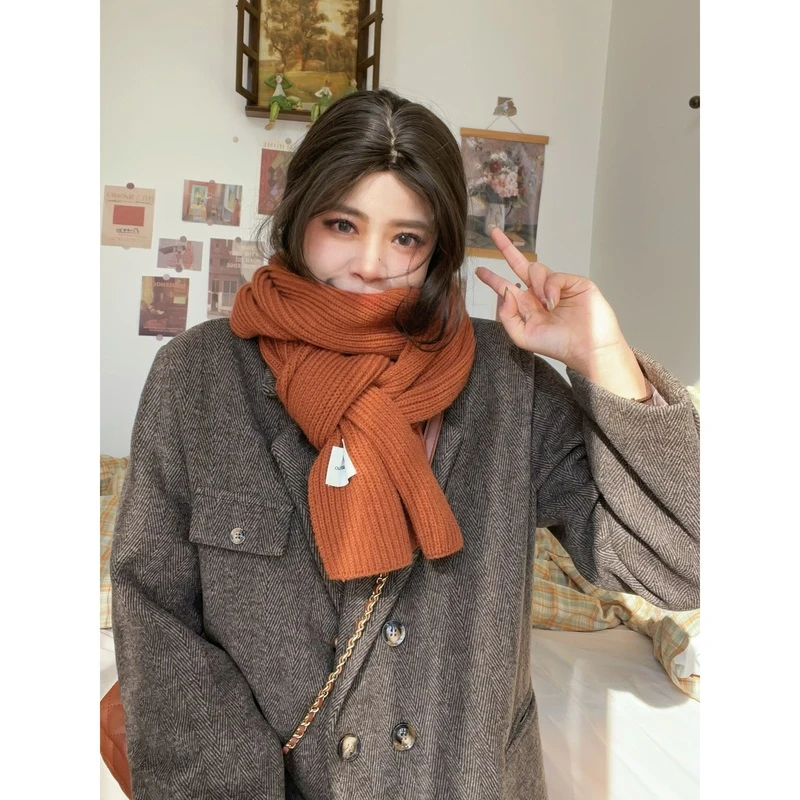 自留推荐韩系基础百搭实用纯色布标粗棒针织围巾围脖长款保暖韩版