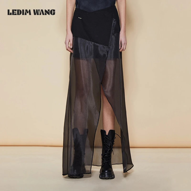 LEDIM WANG欧根纱透视半身裙女黑色搭片式纱裙新款小众设计感半裙