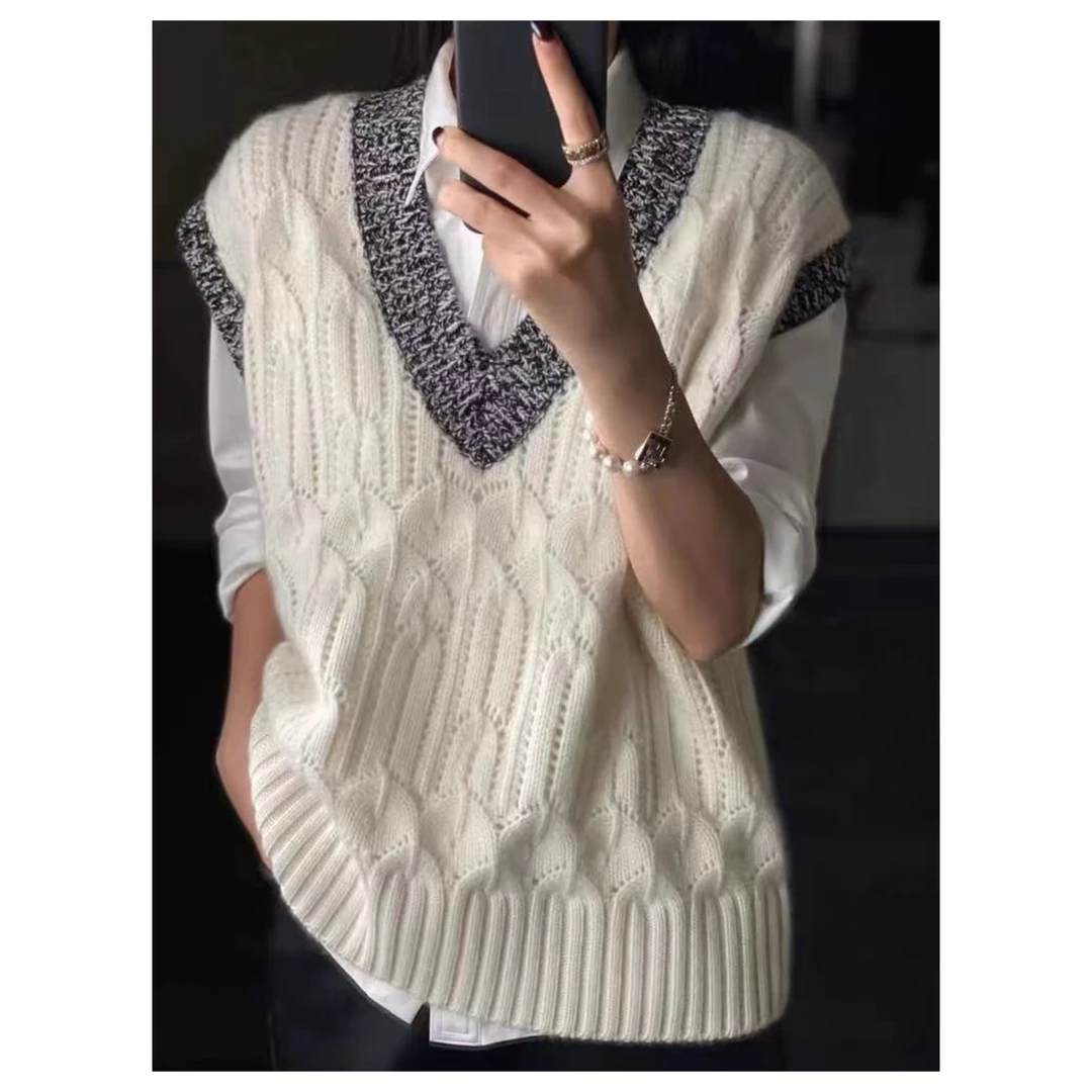 100羊毛勿机洗！胸106-160长61镂空设计拼色无袖V领时尚马甲 4561