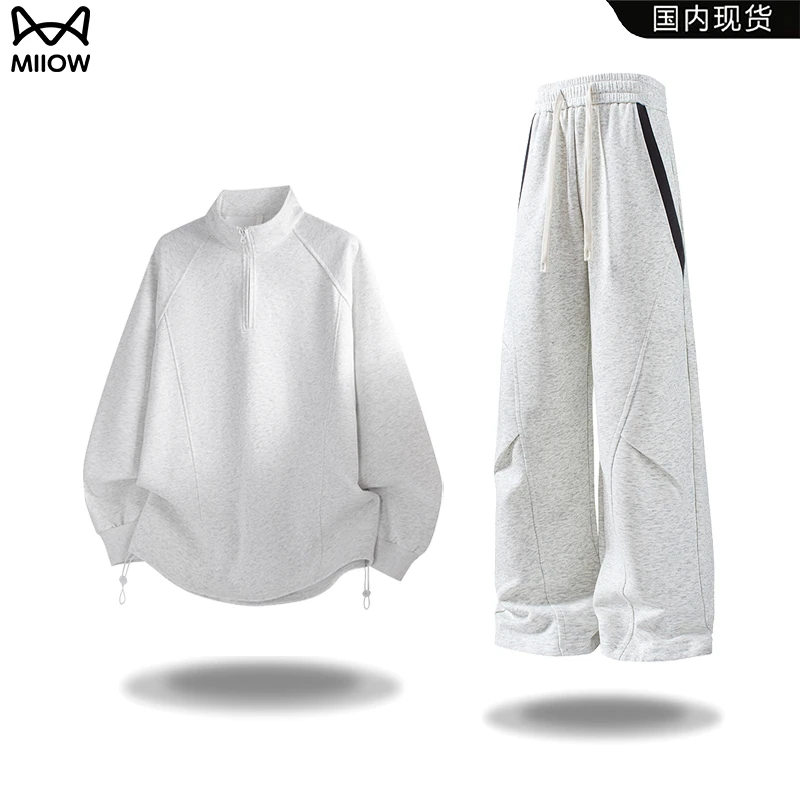 猫人套装美式半拉链立领卫衣男士秋季宽松直筒卫裤运动休闲两件套