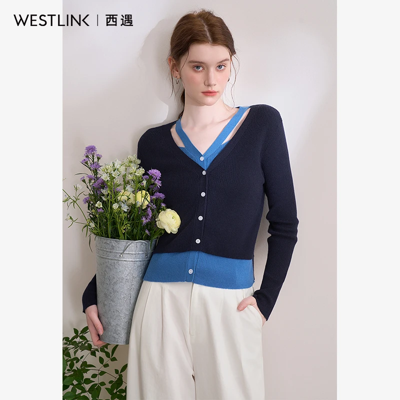 MIU系撞色拼接假两件长袖针织衫女2025春季挂脖V领毛衣