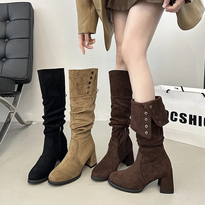 暮秋秋秋季新款百气质绒面高筒长靴女美拉德瘦瘦靴粗跟卡其色骑士