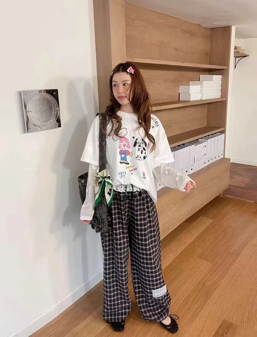 小韩格子阔腿裤宽松慵懒风设计感休闲裤