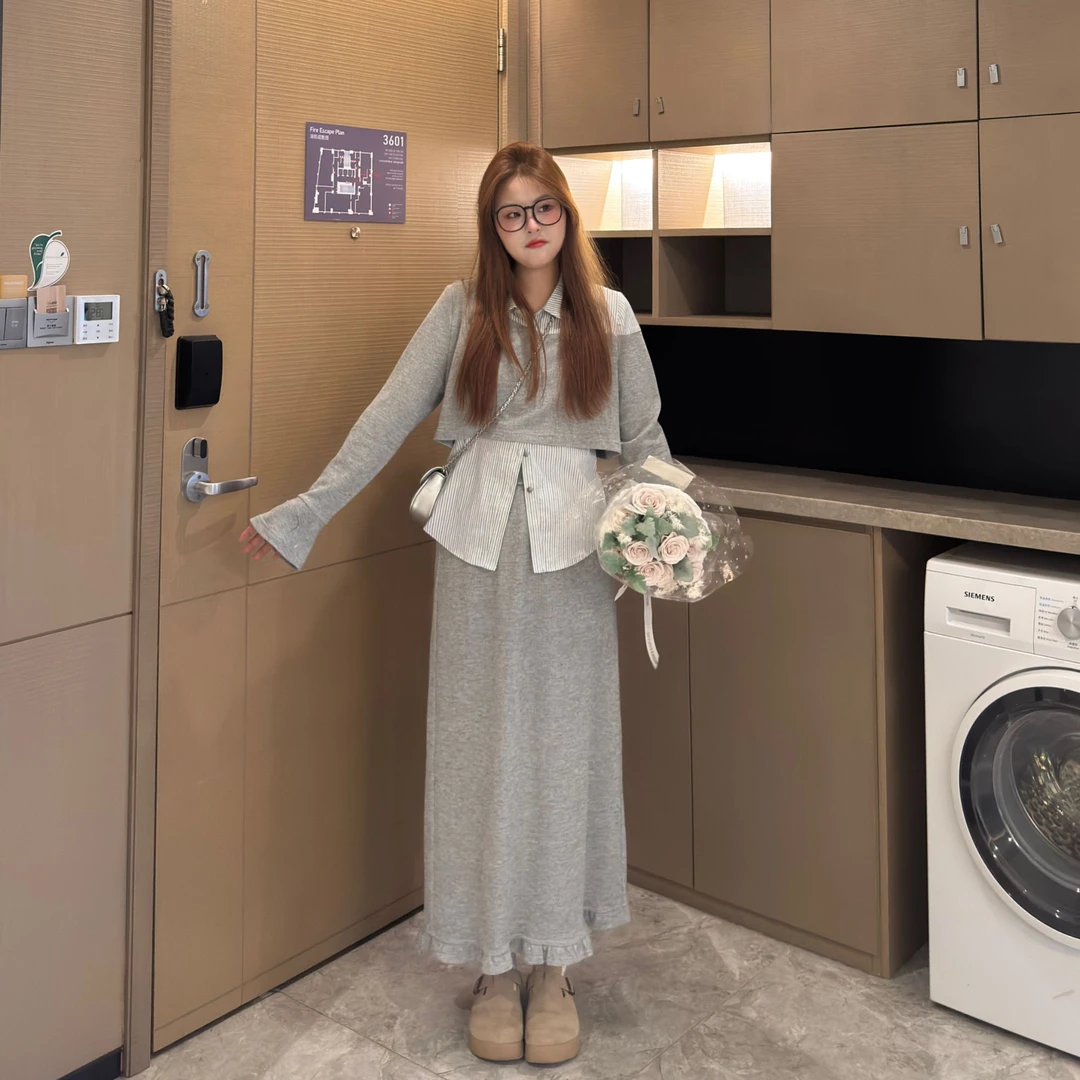 南岛风大码女装针织假两件上衣胖mm春秋休闲半裙长裤套装ZYY1466