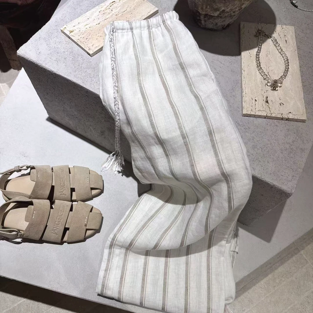 athflow风可卷边宽松条纹高腰阔腿裤欧美风松紧亚麻苎麻休闲裤