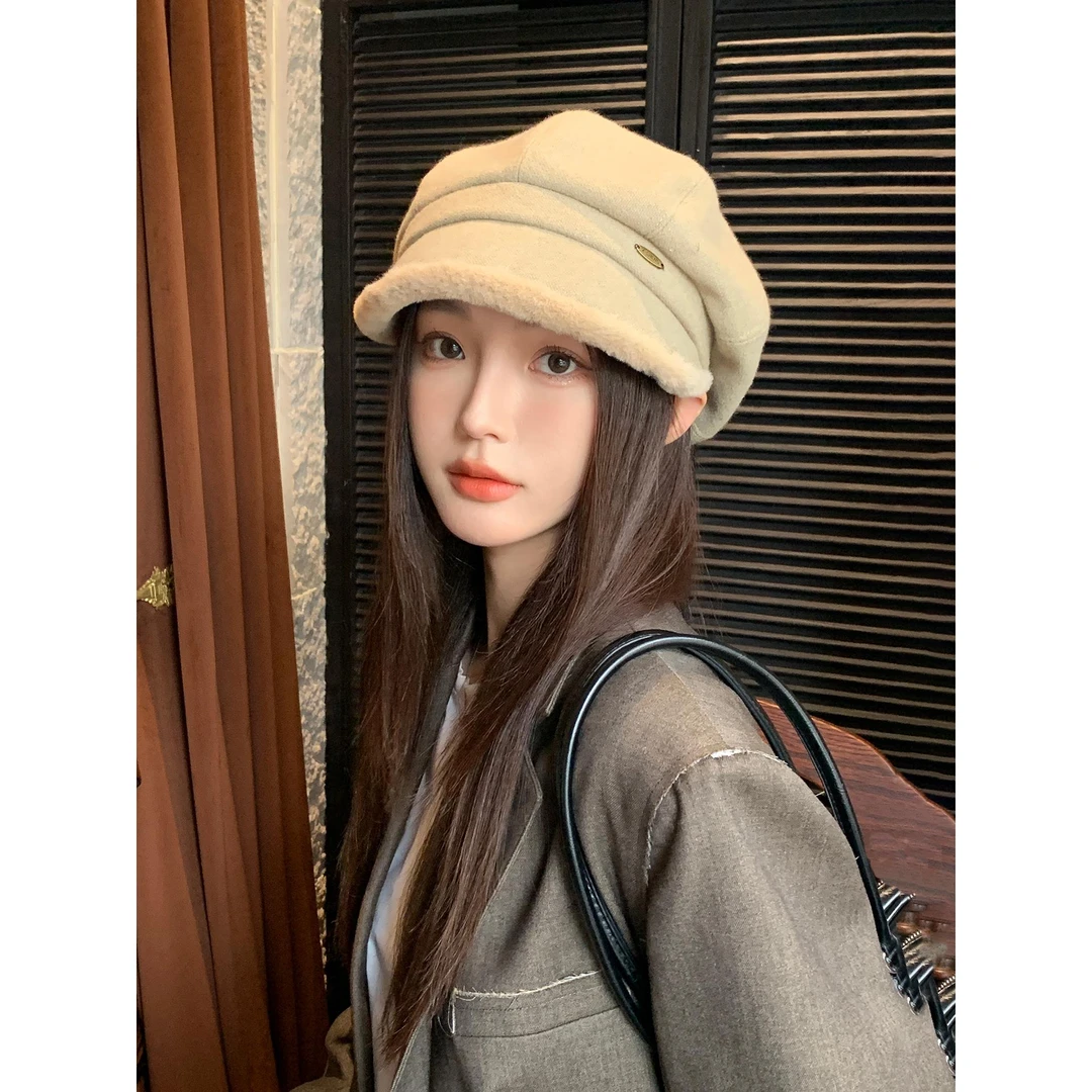 Miss both毛绒八角帽子女冬新款鸭舌贝雷帽显脸小加厚保暖画家帽