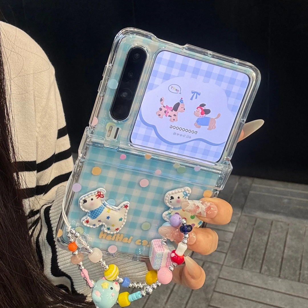 适用华为purax折叠屏手机壳蓝白格纹pocket2彩色波点立体小狗链条