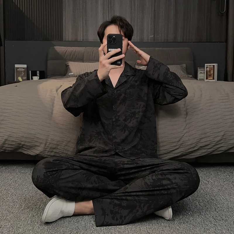 高级感轻奢风男士睡衣春秋款冰丝长袖长裤大码可外穿家居服男秋季