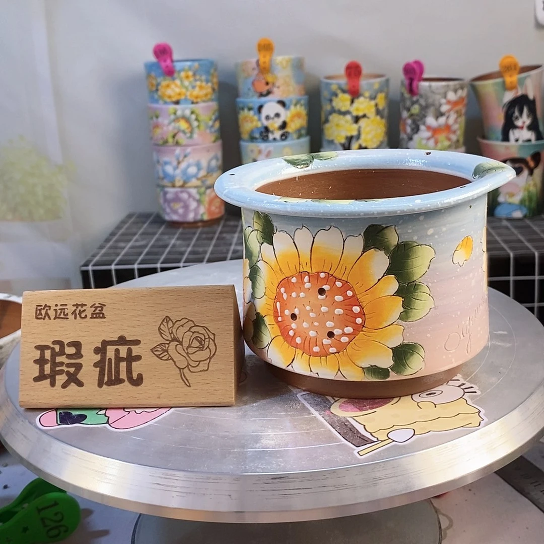 紫砂花盆红陶手绘花盆