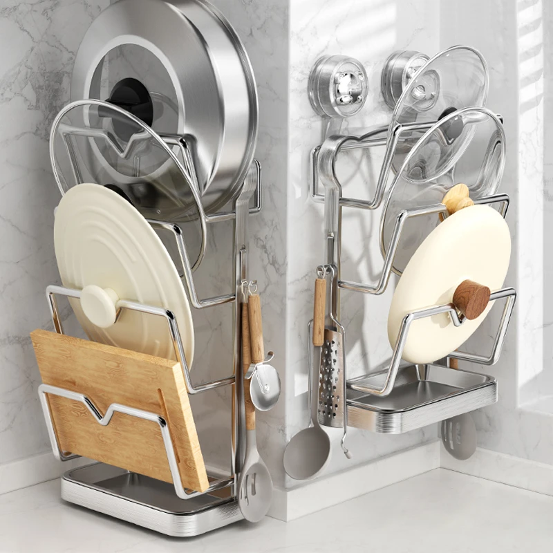 吸盘锅盖架厨房不锈钢置物架多功能免打孔锅盖案板多层收纳放置架